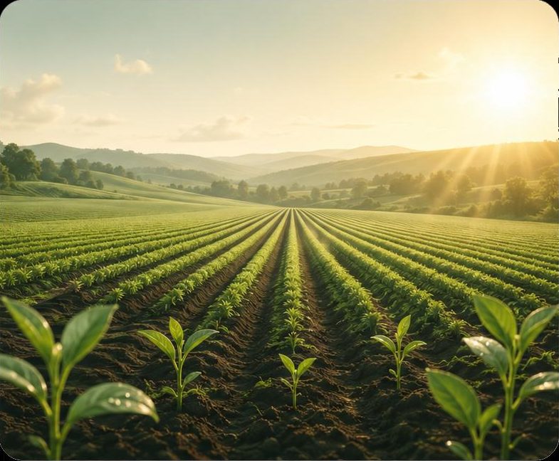 Young crop in rows, early morning