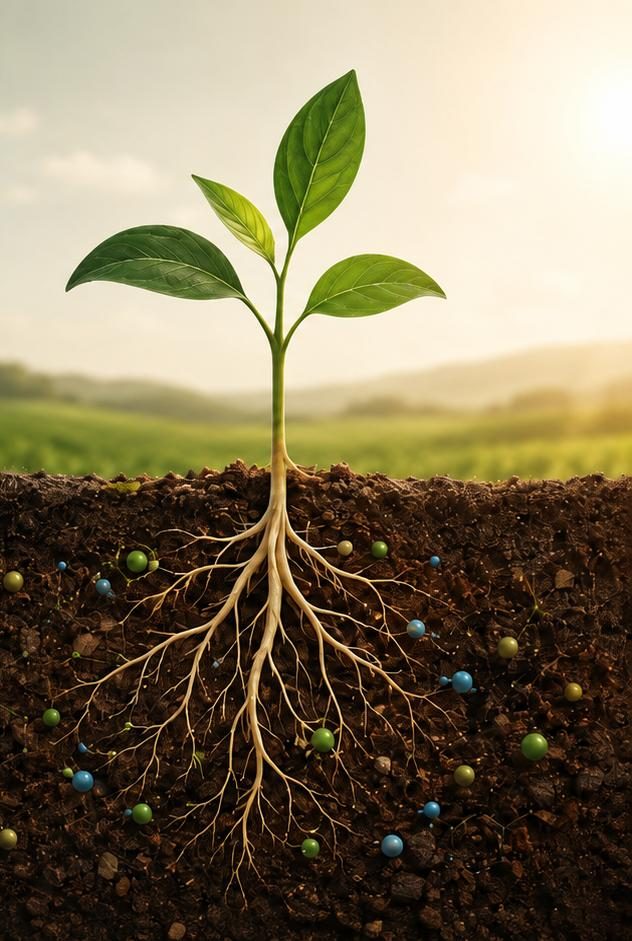Seedling shown above and below ground, roots reaching into living soil
