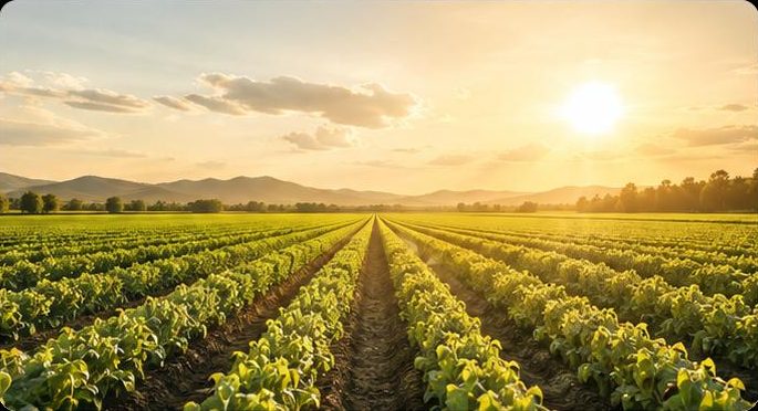 Rows of crop at sunset